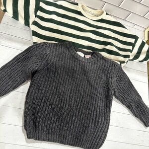 Zara Green and Cream Striped Sweater with Gray Knit